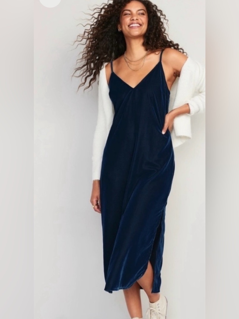 Old Navy Blue Velvet V-Neck Midi Slip Dress with Spaghetti Straps Party Grunge
